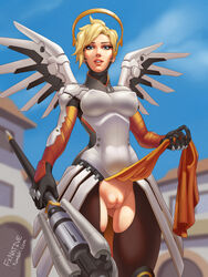 blizzard_entertainment blonde_hair blue_sky female female_only fxnative highres looking_at_viewer mechanical_halo mechanical_wings mercy no_panties overwatch pussy sky solo staff wings rating:Explicit score:252 user:bot