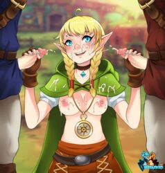 1girls 2boys areolae belt blonde_hair blue_eyes blush braids breasts cape cum cum_on_breasts cum_on_clothes double_handjob ejaculation facial female gloves hair handjob handwear happy hizzacked humanoid hylian hyrule_warriors link linkle male multiple_boys multiple_penises neckwear nintendo nipples outerwear pale_skin penis pointy_ears smile the_legend_of_zelda threesome topless rating:Explicit score:265 user:chooped