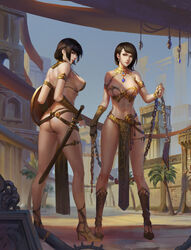 2girls armor ass bikini_armor black_hair breasts brown_eyes brown_hair chain chains cleavage earrings egypt egyptian female female_only flail from_behind gauntlets gladiator gladiatrix high_heels jewelry large_breasts lips loincloth looking_at_viewer looking_back midriff multiple_girls navel necktie original palm_tree rome sandals scabbard sheathed shield shoes short_hair sideboob strap_gap sword thong tower tree warrior weapon youyi rating:Questionable score:257 user:kabamf