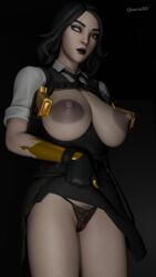  1girls big_breasts black_background black_hair black_lipstick blind_eye dark_nipples epic_games eyelashes eyeshadow female fortnite gloves goth grey_background huge_areolae huge_breasts looking_at_viewer marigold_(fortnite) pale-skinned_female presenting_pussy pubic_hair qherna3d scar skirt skirt_lift tie veiny_breasts yellow_eyes  rating:explicit score: user:qherna3d