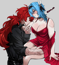 1boy absurdres alternate_costume blue_eyes blue_hair blush breasts commentary couple diluc_(genshin_impact) dress english_commentary eula_(genshin_impact) female genshin_impact hand_on_another's_thigh highres kissing kissing_hand large_breasts long_hair masoq095 red_dress red_eyes red_hair scar scar_on_arm short_hair simple_background sitting straight twitter_username white_background rating:Explicit score:64 user:zadbielxd