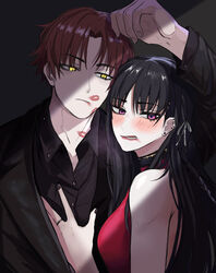 1boy 1girls absurdres alternate_costume ayanokouji_kiyotaka bare_shoulders black_jacket black_shirt blush brown_hair classroom_of_the_elite collared_shirt commentary dress ear_piercing english_commentary female fingernails hair_ribbon half-closed_eyes height_difference highres horikita_suzune jacket kiss_mark lips lipstick lipstick_mark long_hair long_sleeves looking_at_another makeup masoq095 parted_bangs piercing pink_lips purple_eyes red_dress ribbon shirt short_hair sleeveless sleeveless_dress straight white_ribbon yellow_eyes rating:Explicit score:85 user:zadbielxd