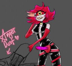  angel_dust_(hazbin_hotel) cyclops demon demon_girl fappycatt female gloves hand_on_ass hazbin_hotel latex latex_gloves latex_suit niffty_(hazbin_hotel) one_eye pegging red_gloves red_hair  rating:explicit score: user:fappycatt