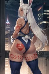 1girls ai_generated ass bleached bunny_ears bunny_girl bunny_tail dark-skinned_female dark_skin female female_only from_behind gloves highleg highleg_leotard legwear leotard long_hair looking_at_viewer looking_back miruko my_hero_academia outdoors queen_of_hearts rabbit_ears rabbit_girl rabbit_tail raceplay red_eyes rumi_usagiyama skindentation solo tail tattoo tattoos thick_thighs thighhighs thighs white_hair yuroart rating:Explicit score:172 user:yuroart