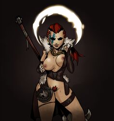 1girls breasts darkest_dungeon detached_sleeves face_tattoo female fur_trim glaive hellion_(darkest_dungeon) holding_polearm holding_weapon large_breasts lewdreaper light-skinned_female light_skin long_hair necklace nipples obscured_eyes open_clothes partially_clothed polearm ponytail pubic_hair red_hair shadowed_eyes smile solo tattoo thigh_strap voulge war_paint weapon weapon_on_back rating:Explicit score:187 user:Shaded_Cube