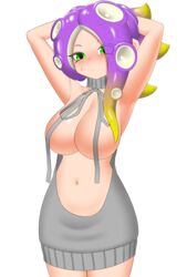 1girls armpits arms_behind_head backwards_clothing backwards_virgin_killer_sweater blush breasts cleavage green_eyes hair_up hands_behind_head hi_res hourglass_figure light-skinned_female light_skin long_hair medium_breasts multicolored_hair nintendo nobunagapero octoling octoling_girl peronattu purple_hair simple_background solo splatoon splatoon_(series) sweat sweater tentacle_hair upscaled virgin_killer_sweater white_background yellow_hair rating:Explicit score:16 user:StrgtOctoBoi