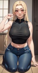 1girls ai_generated bangs bare_shoulders big_breasts breasts clothing curvaceous denim denim_jeans female female_only huge_breasts jeans jujutsu_kaisen large_breasts light-skinned_female light_skin long_hair looking_at_viewer midriff no_bra no_bra_under_clothes oppai pale-skinned_female pants parted_bangs pov pov_eye_contact self_upload sleeveless sleeveless_shirt smile stable_diffusion very_long_hair voluptuous yuki_tsukumo rating:Explicit score:79 user:charcoal34