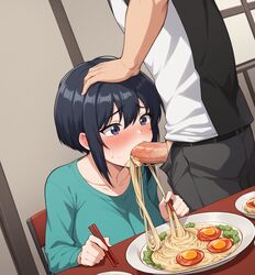 1boy 1girls ai_generated black_and_white_clothing black_hair blue_eyes blue_shirt blush blush_lines blushing blushing_female boy_on_girl chopsticks cock dick fellatio food food_in_mouth forced_oral grey_shorts human human_only human_penetrating humanoid humanoid_genitalia humanoid_hands humanoid_penis male_on_female male_penetrating_female mouth mouth_open oral oral_insertion oral_penetration original penis penis_in_mouth ramen rating:Explicit score:52 user:Woda