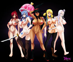 5girls ass benhxgx big_ass black_hair black_socks blonde_hair blue_eyes blue_hair blush boots breasts brown_eyes dark-skinned_female dark_skin erza_scarlet fairy_tail feet female female_only group high_heels juvia_lockser key large_breasts long_hair looking_at_viewer lucy_heartfilia mirajane_strauss multiple_girls nails naked_boots naked_footwear naked_heels naked_stockings naked_thighhighs nipples nude open_shirt original_character pale_skin ponytail posing pussy red_hair socks stockings sword tattoo thigh_socks thighhighs tied_hair toes umbrella white_hair wizard wizard_hat rating:Explicit score:112 user:xSATOSHIX