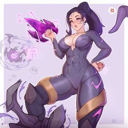 big big_breasts big_thighs bodysuit cleavage earrings female female_focus female_only fit fit_female kai'sa league_of_legends long_hair mixplin pink_eyes ponytail purple_hair rating:Explicit score:135 user:Maruchun