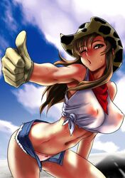 1girls armpits bare_shoulders blacksmith blacksmith_(ragnarok_online) bow bow_panties breasts brown_eyes brown_hair cow_print cowboy_hat cowgirl denim denim_shorts erect_nipples female fujito gloves gundam gundam_seed hat huge_breasts jpeg_artifacts leaning_forward long_hair midriff murrue_ramius nipples nipples_visible_through_clothing open_fly panties perky_breasts pink_panties ragnarok_online see-through short_shorts shorts solo sweat thumbs_up tied_shirt underwear unzipped western wink rating:Explicit score:51 user:bot