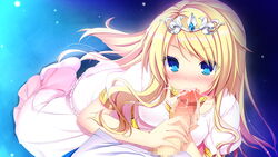 blonde_hair blue_eyes censored cum dress fellatio game_cg hair harvest_overray headdress jpeg_artifacts mikami_riria night nironiro oral ribbons stars rating:Explicit score:9 user:bot