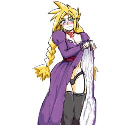 1boy androgynous blonde_hair blue_eyes blush braids bulge canon_crossdressing cloud_strife crossdressing dress dress_lift earrings femboy final_fantasy final_fantasy_vii garter_belt garter_straps girly hoop_earrings male male_only panties penis_in_panties solo stockings thighhighs thunder_head trap twin_braids yellow_kirby rating:Questionable score:73 user:Gwyrion