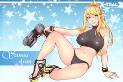 beauty_mark blonde_hair blue_eyes breasts erect_nipples female gun high_heels huge_breasts metroid nintendo nipples samus_aran smile solo weapon x-teal rating:Questionable score:115 user:Anonymous77