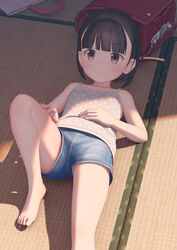  backpack backpack_removed bag barefoot black_hair brown_eyes camisole custom_udon denim denim_shorts hand_on_own_stomach hand_on_own_thigh highres leg_up legs lying on_back on_floor original polka_dot polka_dot_camisole randoseru short_hair short_shorts shorts smile solo tatami toes  rating:safe score: user:bot