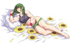 1girls 2d abs artist_name artist_signature bare_shoulders barefoot bed blush female gauntlets green_hair kazami_yuuka looking_at_viewer lying lying_on_bed lying_on_side midriff muscles muscular muscular_female panties red_eyes short_hair shorts shorts_down smile solo source sportswear sunflowers touhou ultragruntyy underwear white_background yuka_kazami yuuka_kazami rating:Questionable score:20 user:GrAdm