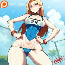  1girls ai_assisted ai_generated android_18 blonde_hair dragon_ball dragon_ball_super dragon_ball_z huge_breasts long_hair monre20 pale_skin see-through see-through_clothing wet  rating:explicit score: user:monre