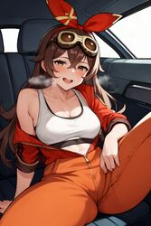  ai_generated aimoonshine alternate_costume amber_(genshin_impact) blush bow brown_eyes brown_hair busty car_interior contemporary genshin_impact goggles_on_head half-closed_eyes jumpsuit long_hair looking_at_viewer medium_breasts messy_hair open_mouth orange_jumpsuit partially_unzipped red_hairband sitting smile sports_bra spread_legs steaming_body sweat sweatdrop thick_thighs truck_(vehicle) white_bra  rating:questionable score: user:aimoonshine