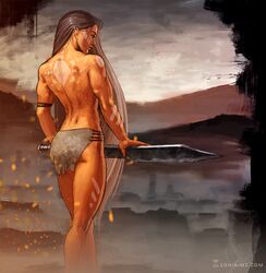 1girls amazon athletic athletic_female back back_turned brown_hair female female_only loincloth long_hair muscular muscular_female sonia_matas sword topless_female war_paint warrior rating:Explicit score:22 user:deleted107974