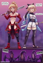 2girls 3monsters ahoge athletic_female blonde_hair breasts cleavage confident english_text fate/apocrypha fate/grand_order fate_(series) female green_eyes hair_scrunchie lahmu_(fate) light-skinned_female light_skin medium_hair mordred_(fate) multiple_girls navel okita_souji_(fate)_(all) pelvic_curtain ponytail rammionn short_hair small_breasts stomach strapless_bra sword text tubetop type-moon weapon rating:Questionable score:62 user:MegaTenFan