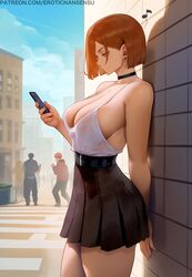 1girls against_wall ai_assisted ai_generated artist_name ass_press bare_arms bare_legs bare_shoulders belt bob_cut bracelet brown_eyes brown_hair choker closed_mouth curvy date earrings erotic_nansensu female female_focus from_side fushiguro_megumi hand_on_leg hand_on_own_leg high-waist_skirt itadori_yuuji jewelry jujutsu_kaisen kugisaki_nobara light-skinned_female light_skin looking_at_viewer looking_to_the_side miniskirt patreon_username phone short_hair sideboob solo solo_focus street swept_bangs thick_thighs url waiting white_shirt rating:Questionable score:572 user:baby_factory