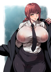 1girls alternate_version_available areolae areolae_visible_through_clothing big_breasts black_coat black_pants bottomwear braid breasts chainsaw_man coat female female_only hair huge_breasts large_breasts makima_(chainsaw_man) musashino_sekai necktie neckwear nipples nipples_visible_through_clothing pants red_hair shirt solo solo_female topwear white_shirt yellow_eyes rating:Explicit score:65 user:daft_human