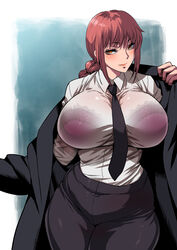 1girls alternate_version_available big_breasts black_coat black_pants bottomwear bra bra_visible_through_clothes braid breasts chainsaw_man coat female female_only hair huge_breasts lace lace-trimmed_bra lace_trim large_breasts makima_(chainsaw_man) musashino_sekai necktie neckwear pants purple_bra red_hair shirt solo solo_female topwear white_shirt yellow_eyes rating:Explicit score:38 user:daft_human