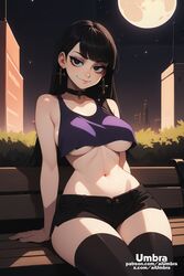  1boy 1girls ai_generated aiumbra black_hair goth goth_girl high_resolution highres medium_breasts self_upload stable_diffusion stella_(aiumbra) stomach thighhighs thighs underboob  rating:explicit score: user:aiumbra