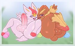 2boys 2males anthro anthro_only artist_name artist_signature ass balls bottom_heavy bottom_heavy_femboy brown_body brown_fur bunny_ears bunny_tail butt cinderace easter easter_egg easter_eggs femboy foreskin frumples furry furry_only game_freak generation_4_pokemon generation_8_pokemon genitals lagomorph laying_on_back leporid lopunny male male_only nintendo one_eye_closed open_mouth peace_sign penis pink_eyes pink_sclera pokemon pokemon_(species) pose rabbit red_eyes short_tail thick_penis thick_thighs thighs white_fur rating:Explicit score:73 user:Aymin