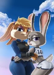  alternate_costume anthro blonde_hair blue_eyes clothing_swap cosplay disney duo female hair hi_res hug judy_hopps lagomorph leporid lola_bunny looking_at_viewer looney_tunes mammal mrshin purple_eyes rabbit simple_background warner_brothers zootopia  rating:safe score: user:bot