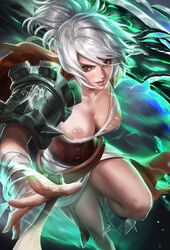 bandage belt breasts brown_eyes female female_only league_of_legends lips nipples riven sakimichan solo torn_clothes white_hair rating:Explicit score:111 user:bot