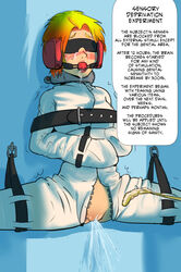 asylum ball_gag belt blindfold blush bondage bound collar crotch earbuds earmuffs english_text female female_focus femsub gag gagged humiliation medical mind_break okamisaga orgasm_denial peeing pussy red_hair science sensory_deprivation solo spread_legs straitjacket suspension teasing text rating:Explicit score:206 user:bot