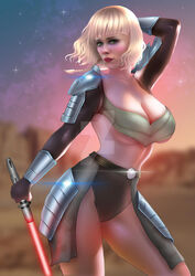  armor artist_name bangs blonde_hair breasts cleavage clothing energy_sword female female_only fully_clothed green_eyes holding holding_sword holding_weapon large_breasts lightsaber lips looking_at_viewer makeup outdoors pepperspinups realistic revealing_clothes scar scar_on_face shin_hati short_hair solo star_wars sword text watermark weapon web_address  rating:questionable score: user:slut_rper824