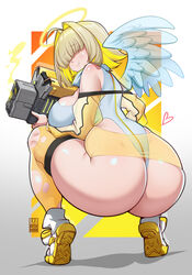 1girls ahoge angel angel_wings ass ass_focus aureola back back_view bare_shoulders bare_thighs bayeuxman big_ass big_breasts big_butt blonde_hair clothed clothing color elegg_(nikke) female female_focus female_only goddess_of_victory:_nikke gun hair_over_eyes hi_res large_breasts leotard light-skinned_female light_skin solo solo_female squatting tagme thick_thighs thighhighs torn_legwear torn_thighhighs two_tone_hair rating:Explicit score:129 user:Gigiti