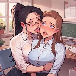 2girls ai_generated ambiguous_consent black_hair blue_eyes blush brown_hair clothing desgens face_lick face_licking female_teacher flushed glasses large_breasts licking licking_another's_face licking_face office office_lady ponytail questionable_consent surprised tongue yuri rating:Questionable score:73 user:1MagicPen7