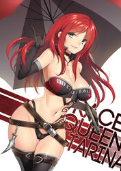 alternate_costume bare_shoulders breasts cameltoe cleavage curvy erect_nipples female fuya_(tempupupu) green_eyes katarina_du_couteau league_of_legends long_hair looking_at_viewer navel parted_lips race_queen red_hair smile solo standing thighhighs wide_hips rating:Explicit score:91 user:bot