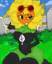  breasts goggles_on_head green_skin looking_at_viewer petals plant plant_girl plants plants_vs._zombies plants_vs_zombies plants_vs_zombies:_heroes solar_flare_(pvz) sunflower thick_thighs thigh_highs xdlawlll  rating:questionable score: user:xdlawlll