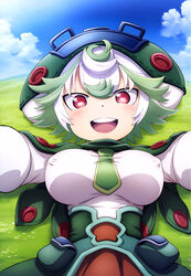  ai_generated big_breasts big_hat huge_breasts looking_at_viewer made_in_abyss mr._nyazakura multicolored_hair nipples_visible_through_clothing prushka red_eyes short_hair shortstack smiling white_hair  rating:questionable score: user:gyanko-chan