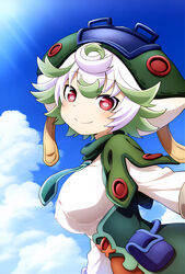  ai_generated big_breasts big_hat huge_breasts looking_at_viewer made_in_abyss mr._nyazakura multicolored_hair nipples_visible_through_clothing prushka red_eyes short_hair shortstack smiling white_hair  rating:questionable score: user:gyanko-chan