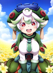  ai_generated big_breasts big_hat huge_breasts looking_at_viewer made_in_abyss mr._nyazakura multicolored_hair nipples_visible_through_clothing prushka red_eyes short_hair shortstack smiling white_hair  rating:questionable score: user:gyanko-chan