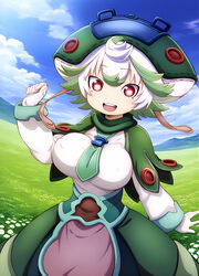  ai_generated big_breasts big_hat huge_breasts looking_at_viewer made_in_abyss mr._nyazakura multicolored_hair nipples_visible_through_clothing prushka red_eyes short_hair shortstack smiling white_hair  rating:questionable score: user:gyanko-chan