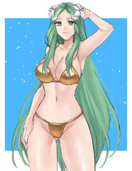 1girls alternate_costume arm_up armpits ass_visible_through_thighs bare_arms bare_shoulders breasts cleavage cowboy_shot female female_only fire_emblem fire_emblem:_three_houses flower gold_bikini gold_swimsuit green_eyes green_hair groin hair_flower hair_ornament hazuki_(nyorosuke) highres large_breasts long_hair navel nintendo rhea_(fire_emblem) solo standing stomach thighs very_long_hair white_flower yellow_bikini yellow_swimsuit rating:Questionable score:20 user:kris923