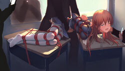 1girls 4boys arms_behind_back blue_eyes bondage bound bound_to_desk breasts brown_hair collar crying desk faceless faceless_male female highres hiiragi_asuka leash long_hair lying_on_desk multiple_boys on_desk on_side one_eye_closed rape rope saliva school_desk school_uniform tears thighhighs tied_up tokinohimitsu tokyo_xanadu rating:Explicit score:136 user:bot