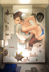 absurdres annoyed ass bathroom bent_over black_eyes black_hair blue_panties boots bra bracelet breasts brown_eyes brown_hair bun_cover chun-li condom double_bun female female_only from_above highres human jewelry ken_masters looking_at_viewer panties pants panty_pull pantyhose pantyhose_pull photo_(object) restroom sagat short_hair solo spiked_bracelet spikes street_fighter toilet toilet_paper trash_can underwear underwear_only used_condom voyeurism white_boots white_bra woorona rating:Questionable score:142 user:Lunacy