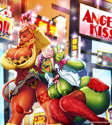 2girls big_ass bimbo breasts busty corruption_of_champions cow_ears cow_girl cow_horns cow_tail cowbell dark-skinned_female dark_skin darkereve excellia_(corruption_of_champions) exhibitionism eyeshadow female green_skin gyaru gyarufication gyarufied huge_ass huge_breasts large_breasts lipstick makeup multiple_girls nipple_slip nipples orc orc_female panties skirt_lift v vem voluptuous world_of_warcraft rating:Questionable score:164 user:chooped