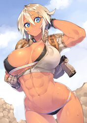 1girls abs blonde_hair blue_eyes bra breasts dark-skinned_female dark_skin female female_only large_breasts muscular_female navel original panties sela_(sela_god) sela_god short_hair solo standing sweat rating:Questionable score:225 user:chooped