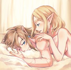 1boy 1boy1girl 1girls bed bed_sheet bedroom blonde_hair blue_eyes breasts breath_of_the_wild color completely_nude earrings elf_ears green_eyes hand_on_another's_shoulder highres lighting link link_(breath_of_the_wild) link_(tears_of_the_kingdom) long_hair looking_at_another lying lying_on_bed lying_on_stomach mori_lz one_eye_closed pointy_ears princess_zelda romantic romantic_couple scar scars_all_over short_hair sideboob smile straight tears_of_the_kingdom the_legend_of_zelda toned toned_male waking_up wholesome zelda_(tears_of_the_kingdom) rating:Questionable score:90 user:Jonafam