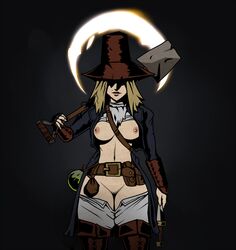 belt blonde_hair boots breasts breasts_out darkest_dungeon female grave_robber_(darkest_dungeon) hair hat hat_over_eyes headgear jacket knife lewdreaper mole navel nipples open_clothes open_jacket pants_down pouch shirt_lift shovel solo thigh_boots thighhighs weapon rating:Questionable score:137 user:Shaded_Cube