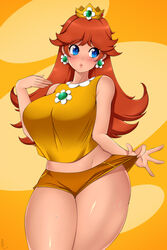 1girls bimbo blue_eyes breasts brown_hair clothing female female_only fully_clothed lindaroze long_hair mario_(series) mario_tennis orange_background princess_daisy simple_background solo standing tagme thighs workout_clothes rating:Explicit score:41 user:EricCottle