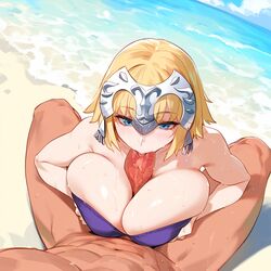 1boy 1girls ai_generated big_breasts bikini blonde_hair blue_eyes child_bearing_hips fate/grand_order fate_(series) fellatio female female_focus huge_breasts jeanne_d'arc_(fate) large_breasts long_hair looking_at_viewer male navel paizuri ponytail purple_bikini thick_thighs thighs titjob rating:Explicit score:32 user:Lojerco6